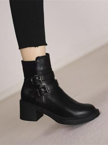 Black Belt Buckle Round Toe Mid Heel Short Boots For Women