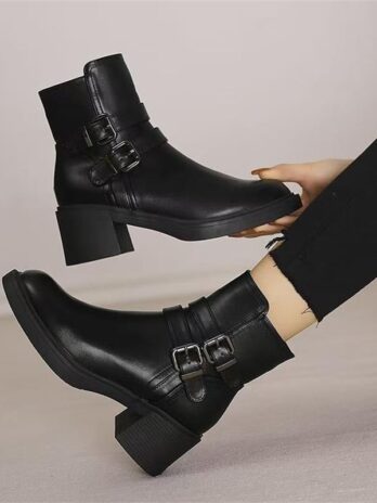 Black Belt Buckle Round Toe Mid Heel Short Boots For Women