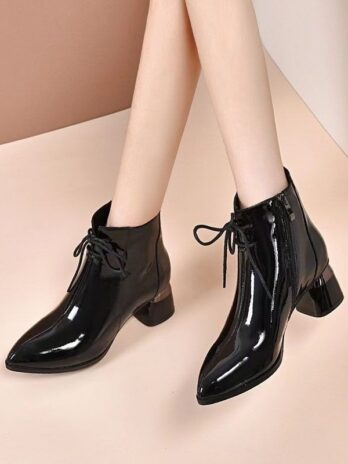 Chunky Heel Pointed Toe Mid Heel Elegant Martin Boots Patent Leather Women